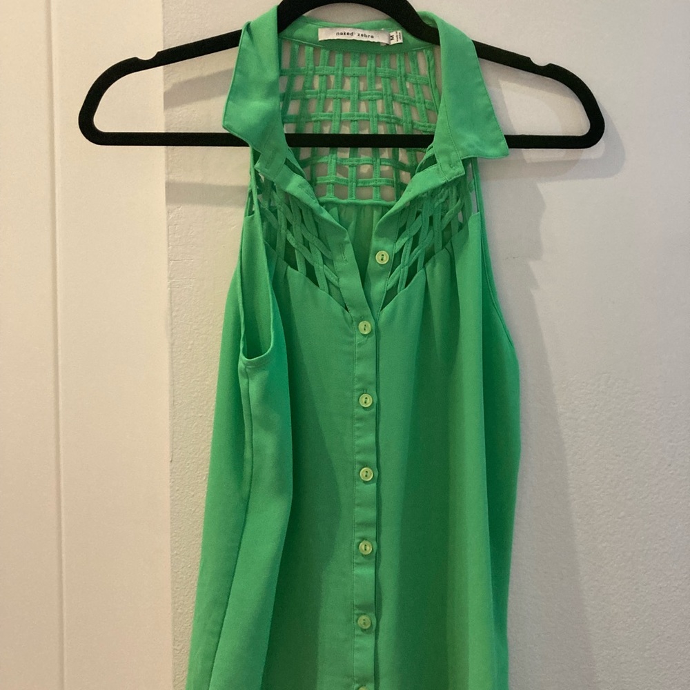 Naked zebra green blouse with collar and unique pattern on the back and collar.